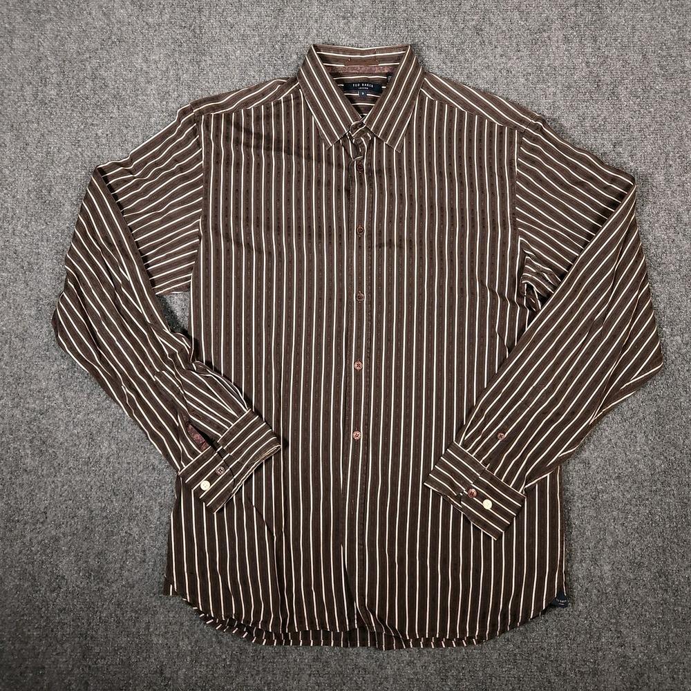 Ted Baker London Textured Brown Striped Button Up Shirt Size 3 M Modern Tailored